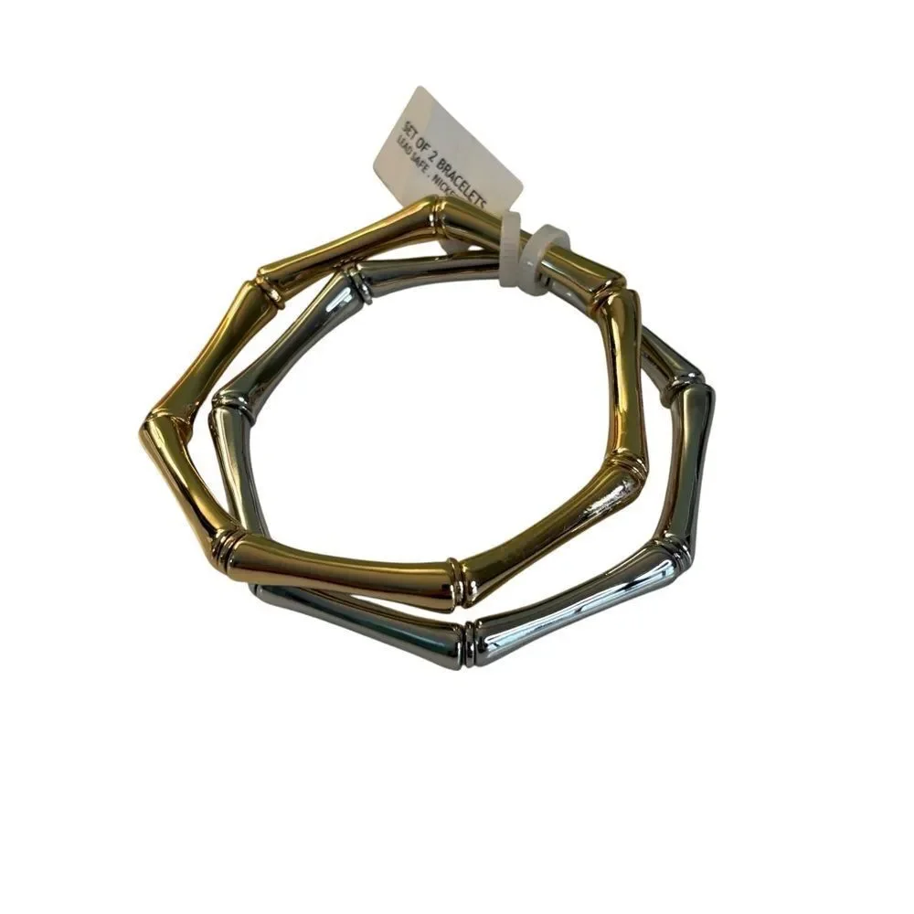 Set of Bamboo Style Stretch Bracelets. One in Gold Tone, One in Silver Tone.